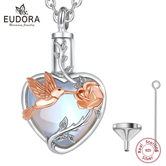 925 Sterling Silver Hummingbird Rose Ashes Urn Pendant