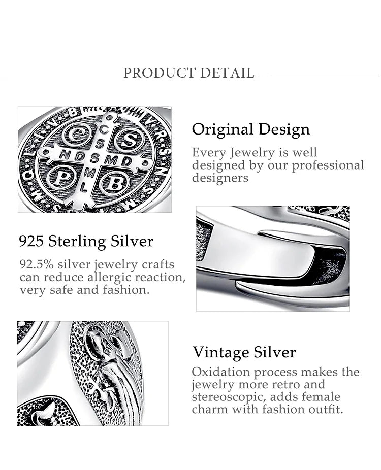 925 Sterling Silver Saint Benedict Adjustable Ring