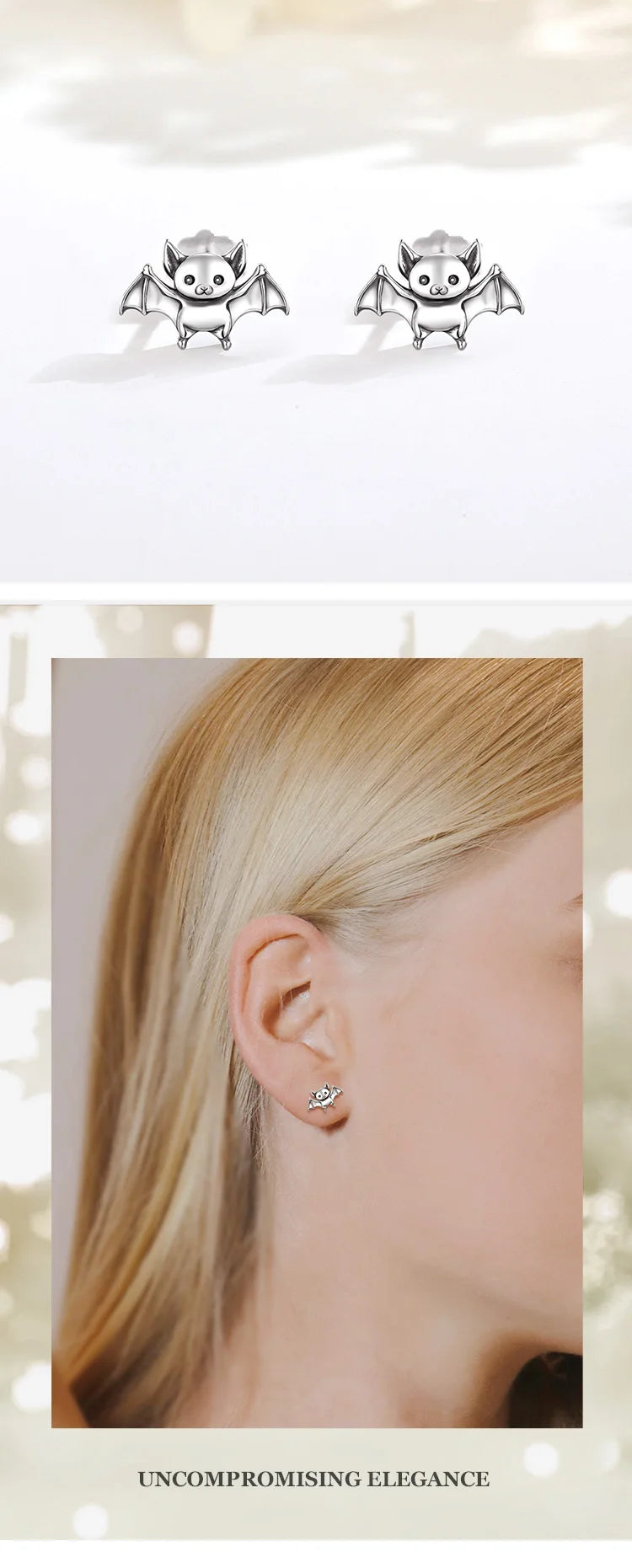 Real 925 Sterling Silver Cute Bat Stud Earrings