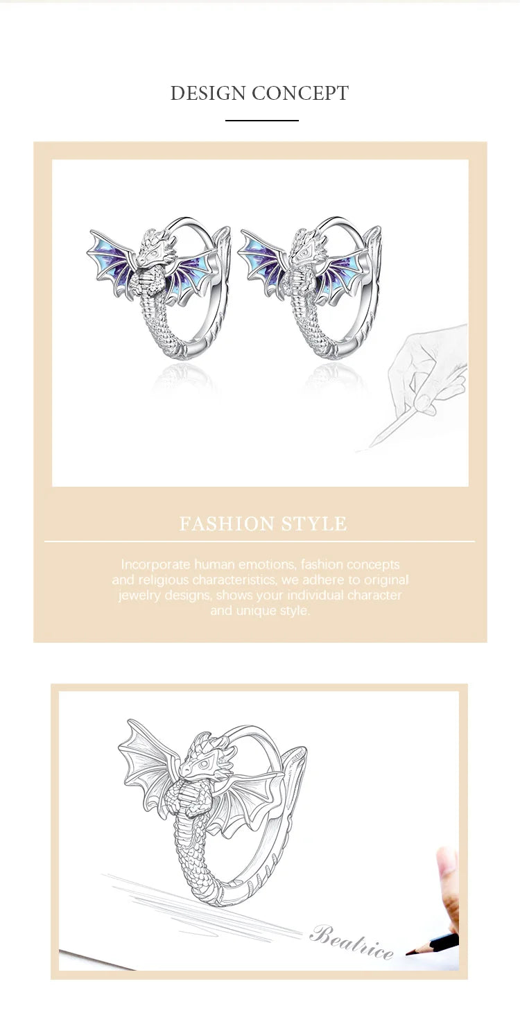 925 Sterling Silver Flying Dragon Hoop Earrings