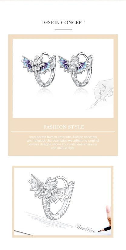 925 Sterling Silver Flying Dragon Hoop Earrings