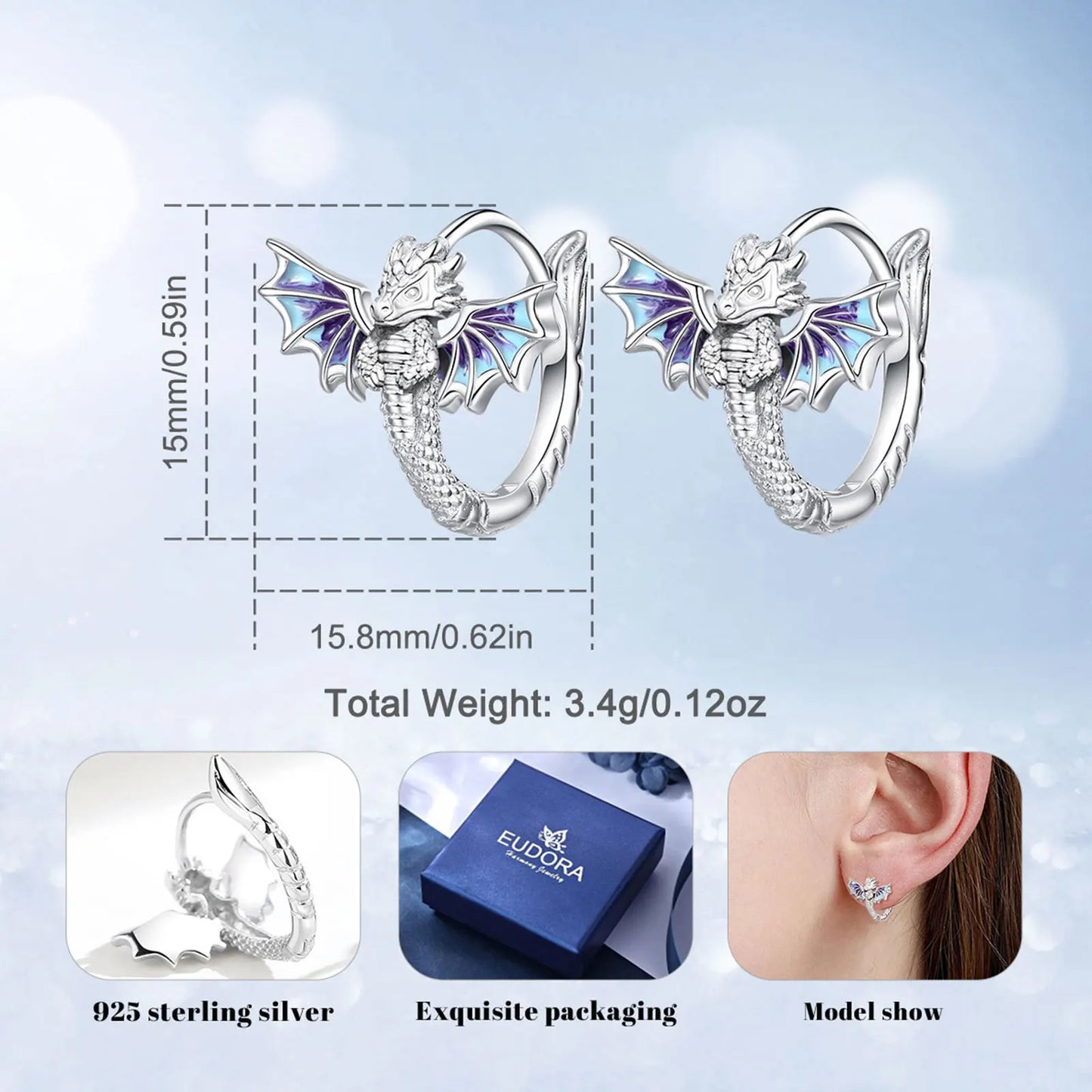 925 Sterling Silver Flying Dragon Hoop Earrings