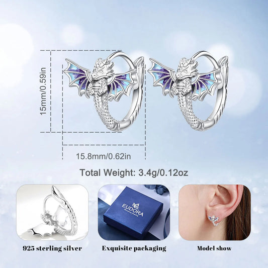 925 Sterling Silver Flying Dragon Hoop Earrings