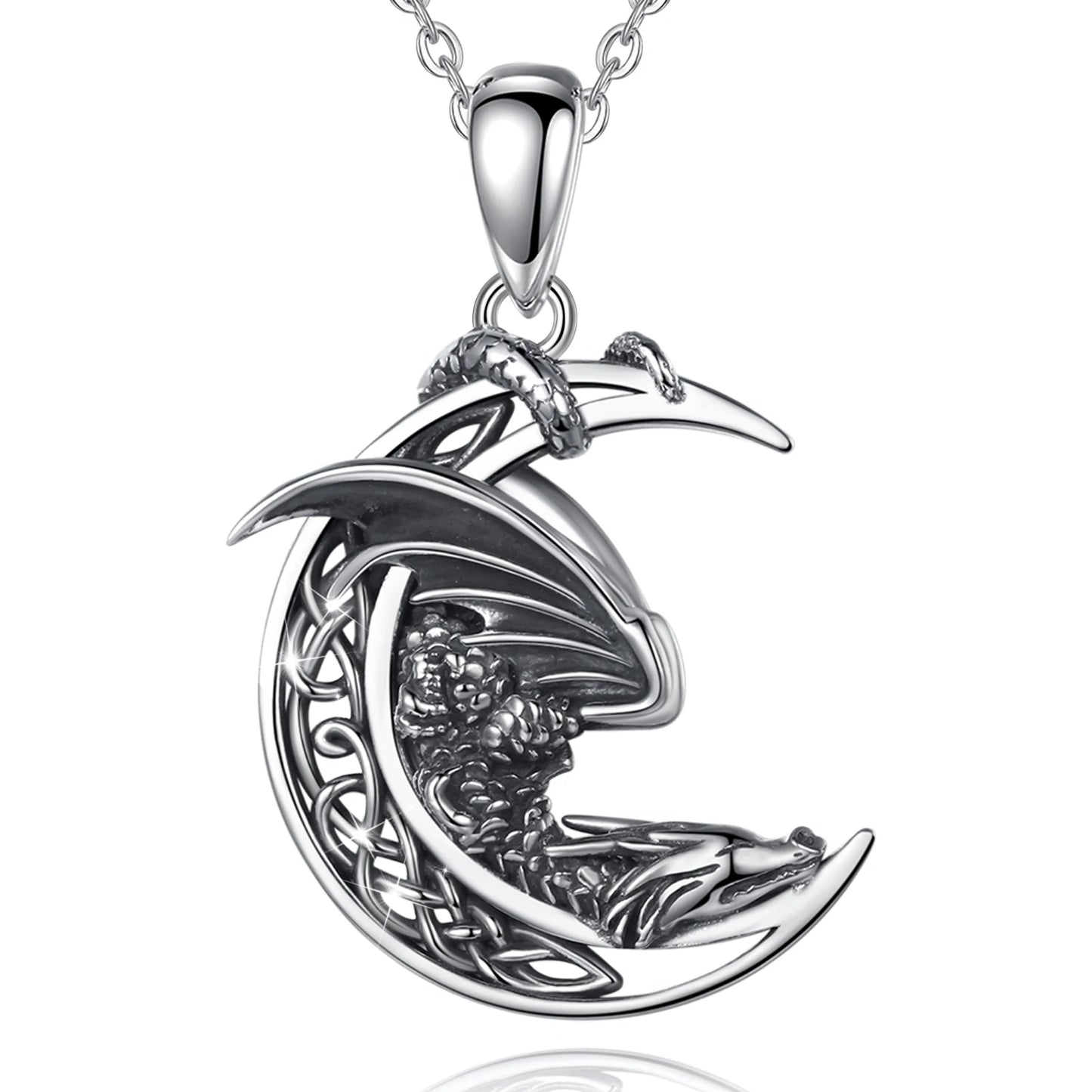 925 Sterling Silver Dragon Necklace Vintage Celtic Knot Moon Pendant