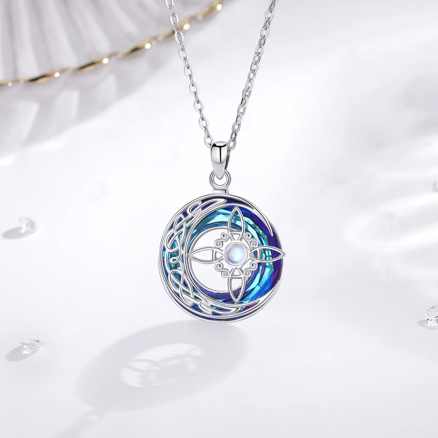 925 Sterling Silver Witch Knot Necklace with Austrian Crystal Moonstone