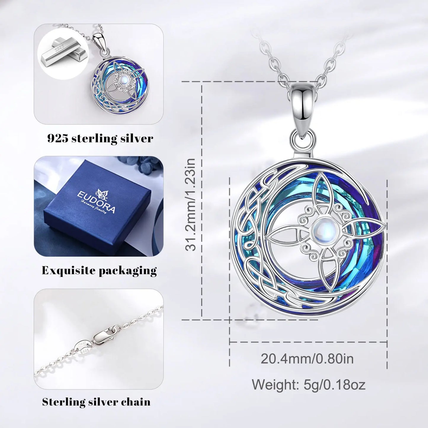 925 Sterling Silver Witch Knot Necklace with Austrian Crystal Moonstone