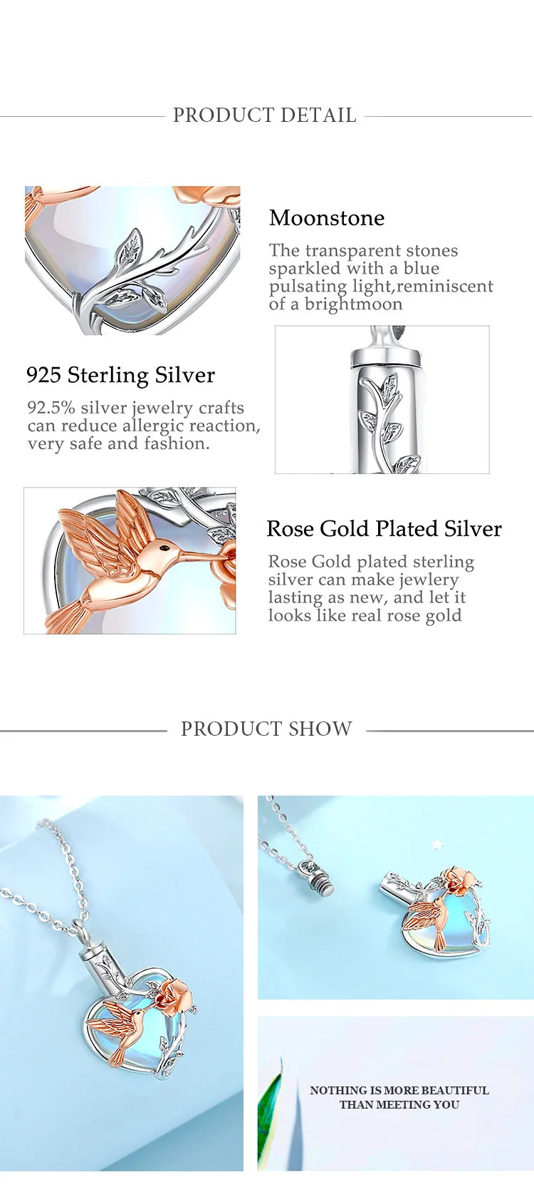 925 Sterling Silver Hummingbird Rose Ashes Urn Pendant