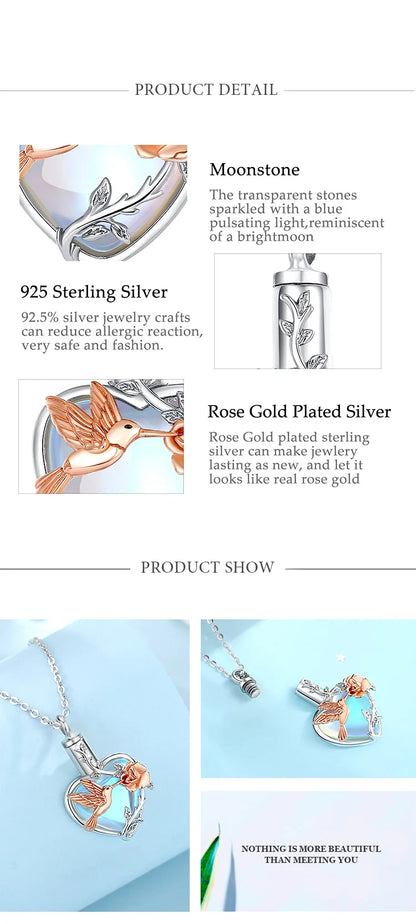 925 Sterling Silver Hummingbird Rose Ashes Urn Pendant