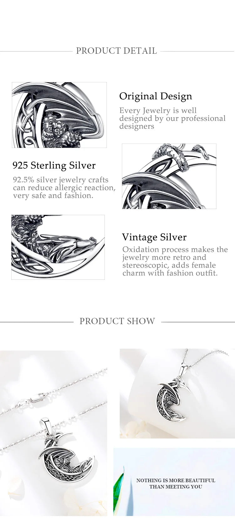 925 Sterling Silver Dragon Necklace Vintage Celtic Knot Moon Pendant