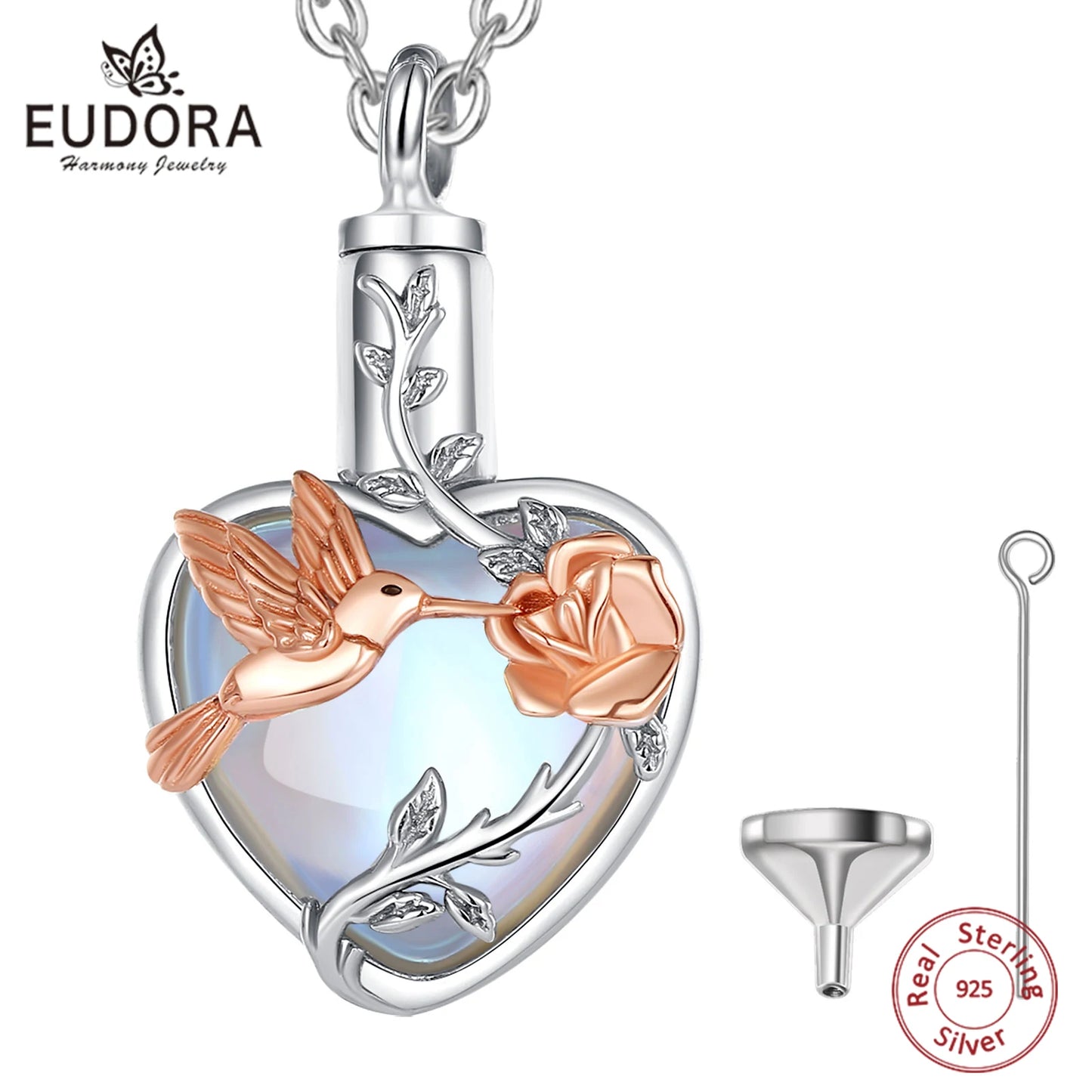 925 Sterling Silver Hummingbird Rose Ashes Urn Pendant