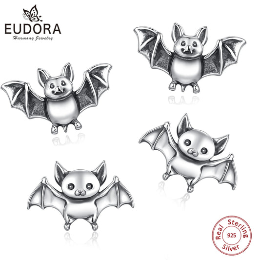 Real 925 Sterling Silver Cute Bat Stud Earrings