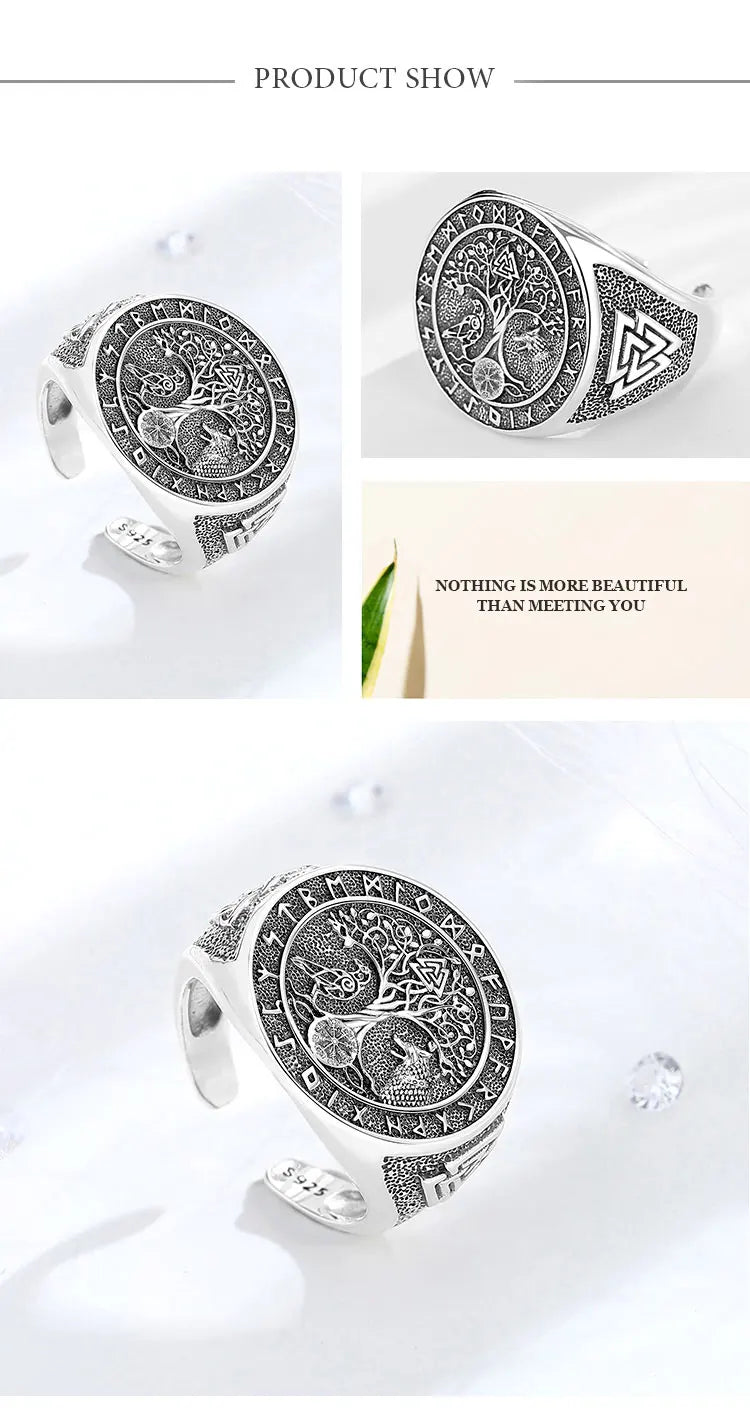925 Sterling Silver Viking Raven Wolf Adjustable Ring