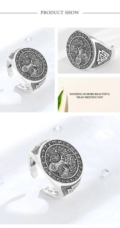 925 Sterling Silver Viking Raven Wolf Adjustable Ring