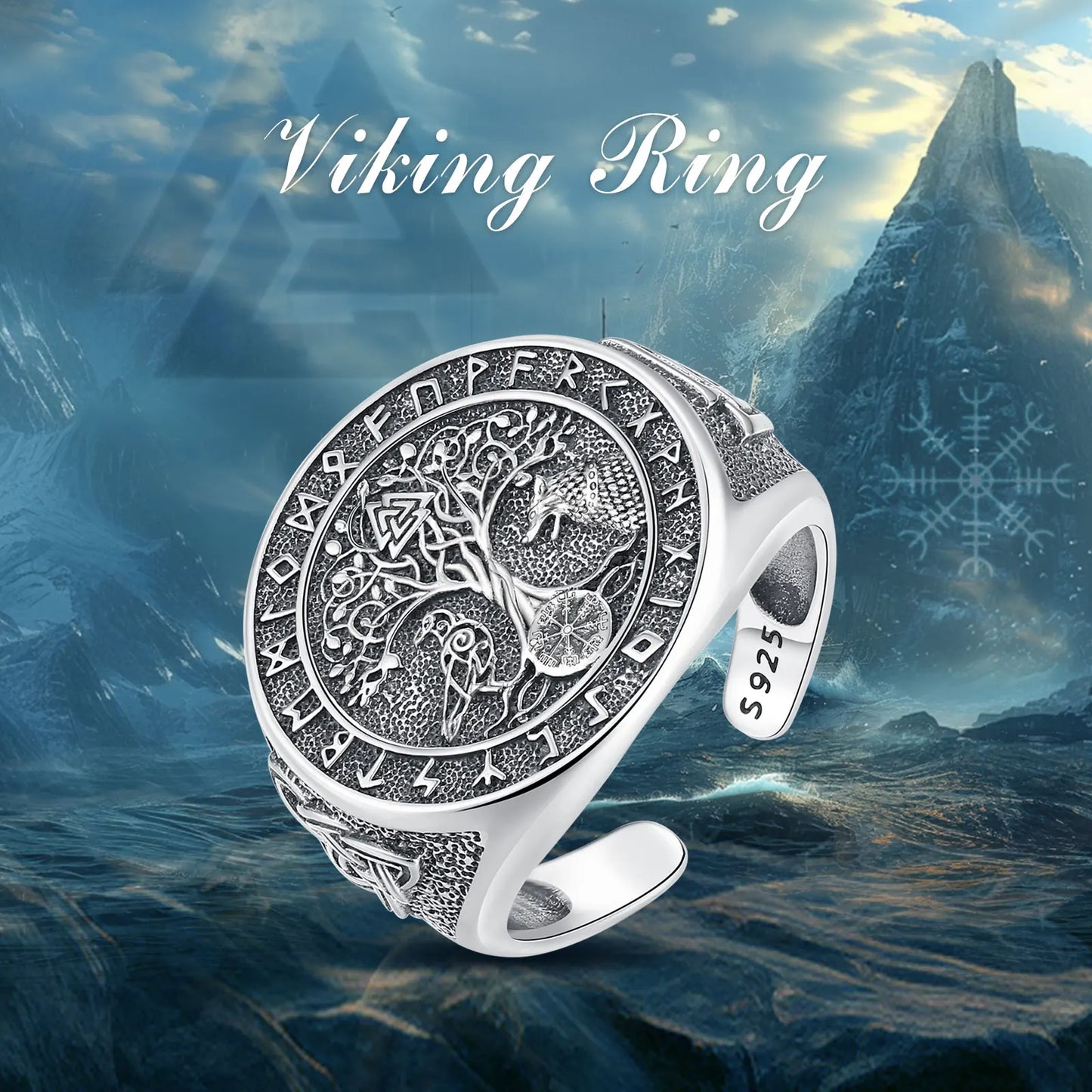 925 Sterling Silver Viking Raven Wolf Adjustable Ring