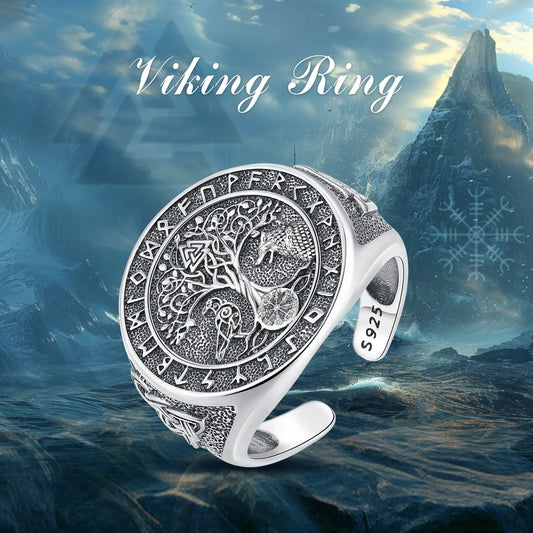 925 Sterling Silver Viking Raven Wolf Adjustable Ring