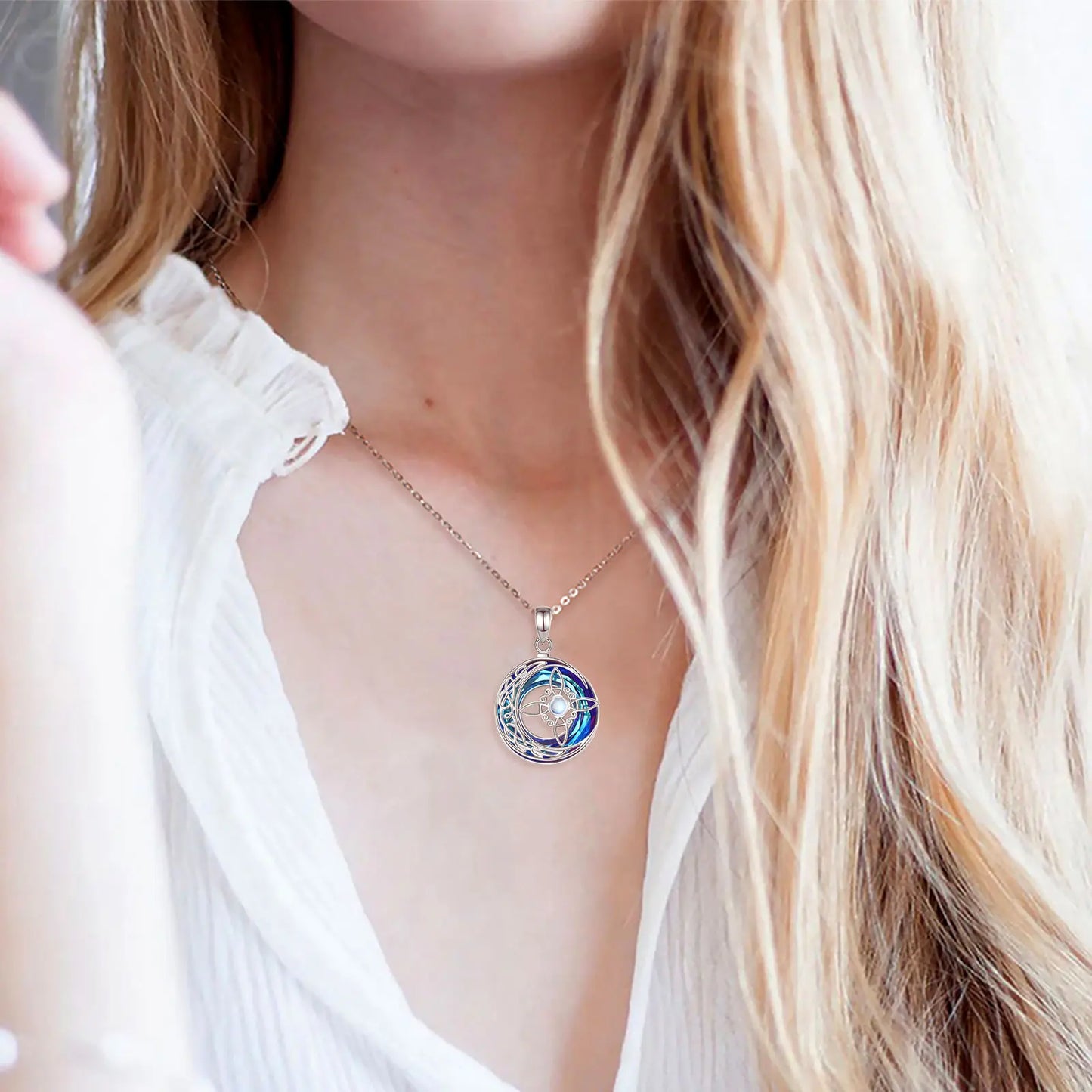 925 Sterling Silver Witch Knot Necklace with Austrian Crystal Moonstone