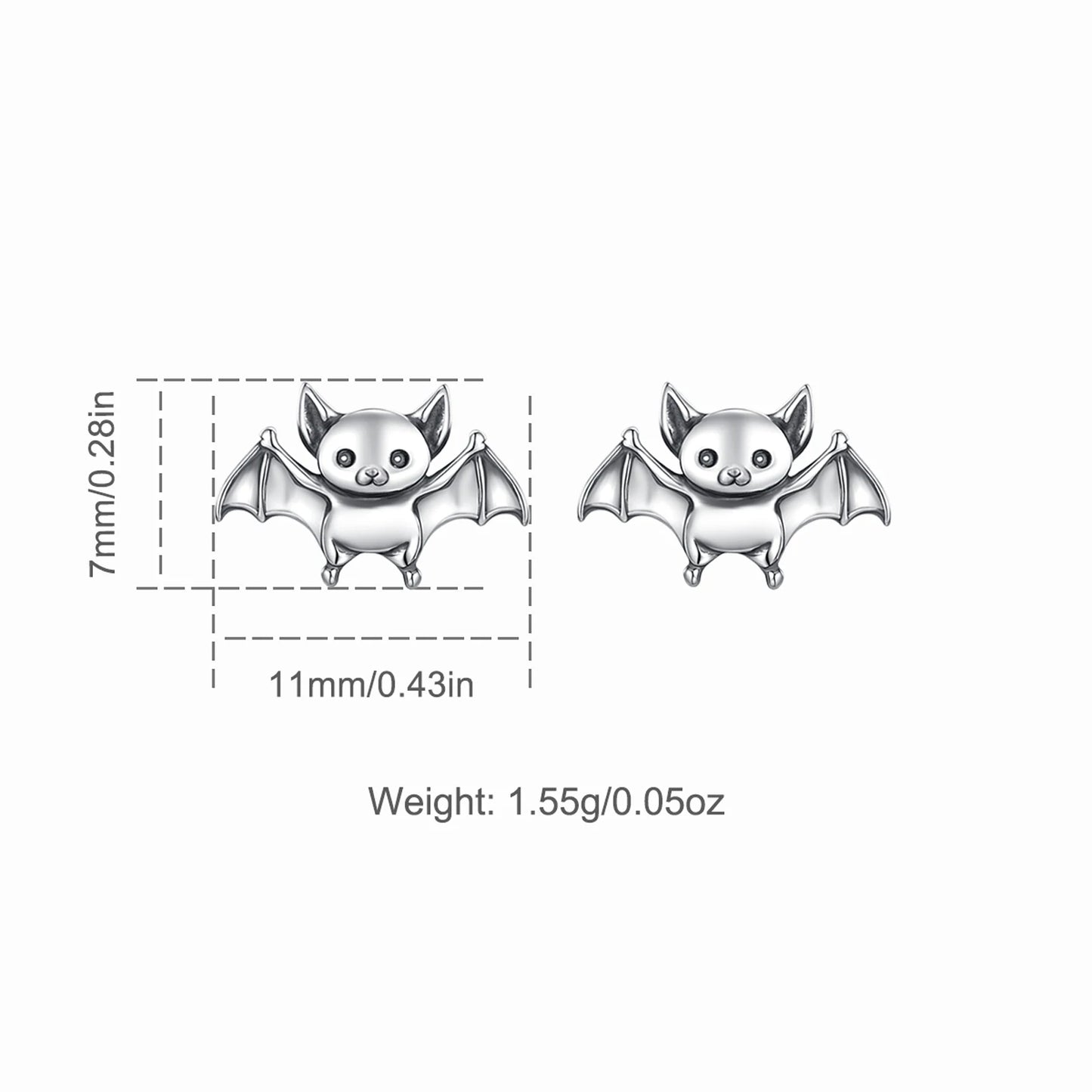 Real 925 Sterling Silver Cute Bat Stud Earrings