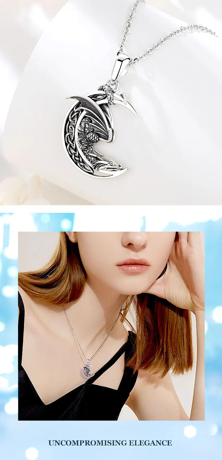 925 Sterling Silver Dragon Necklace Vintage Celtic Knot Moon Pendant