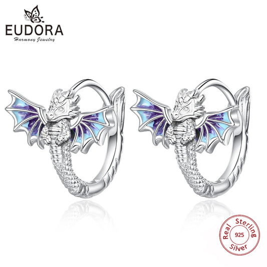 925 Sterling Silver Flying Dragon Hoop Earrings