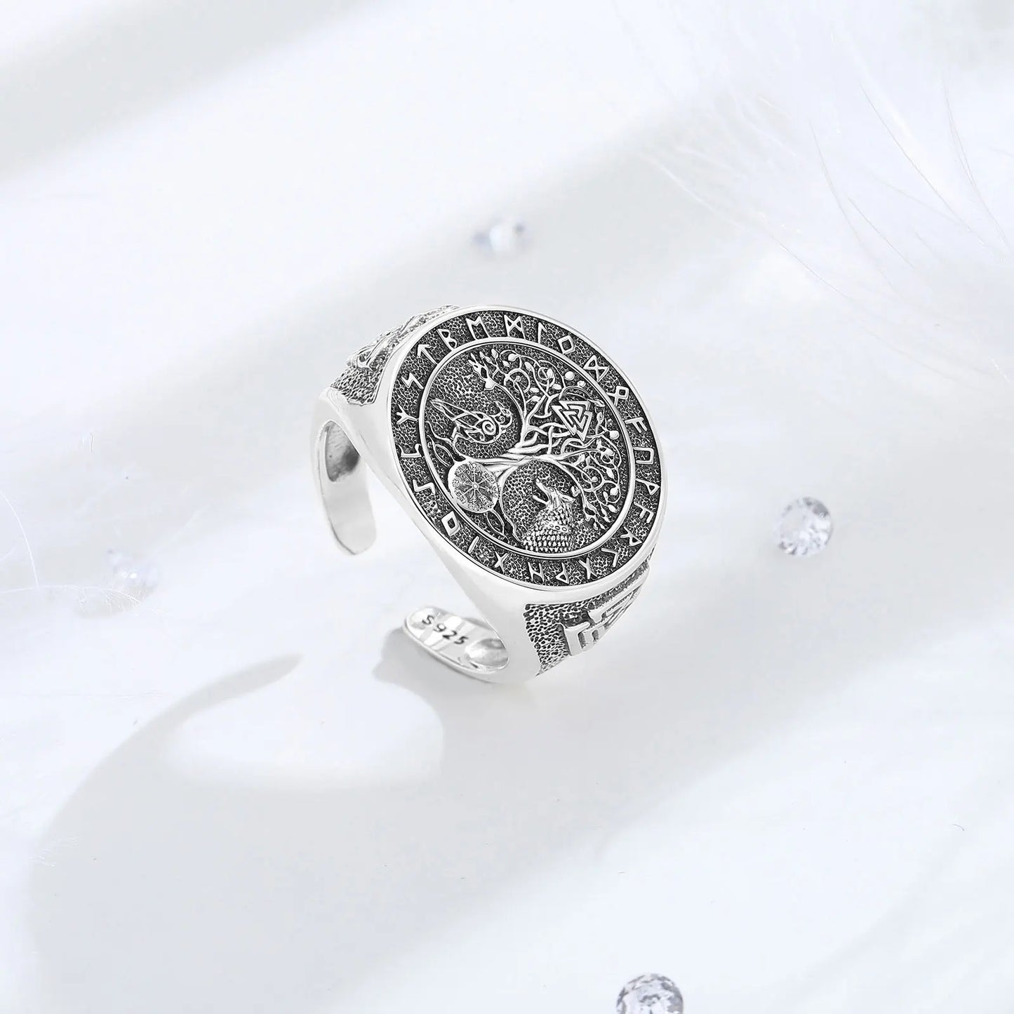 925 Sterling Silver Viking Raven Wolf Adjustable Ring
