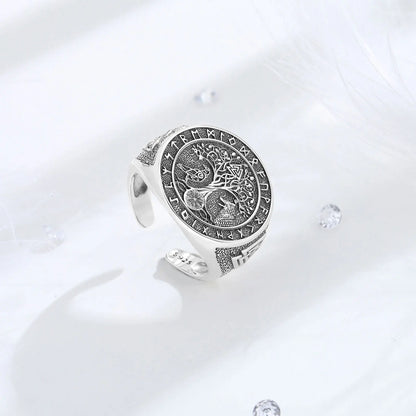 925 Sterling Silver Viking Raven Wolf Adjustable Ring