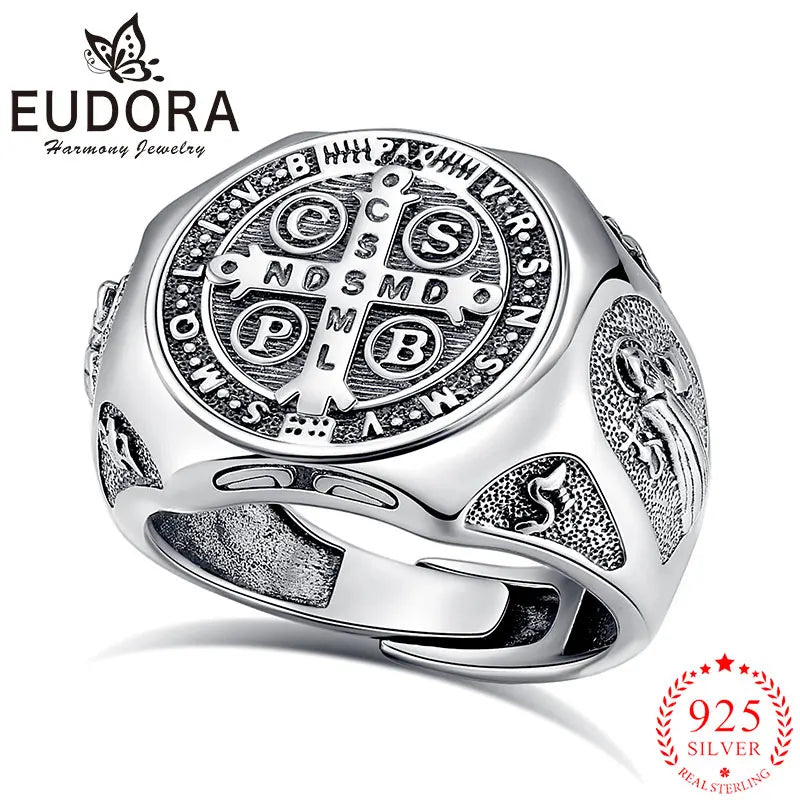 925 Sterling Silver Saint Benedict Adjustable Ring