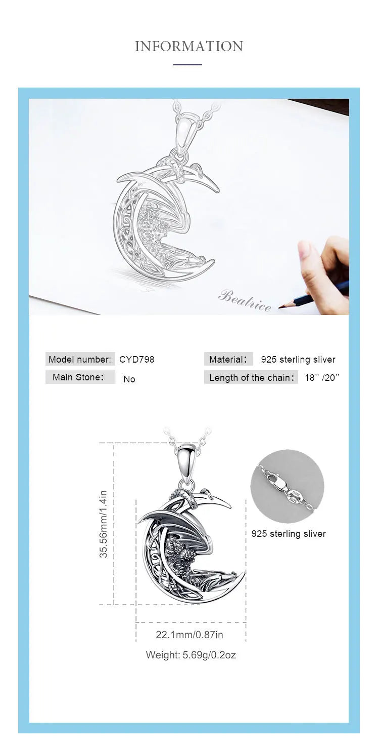 925 Sterling Silver Dragon Necklace Vintage Celtic Knot Moon Pendant
