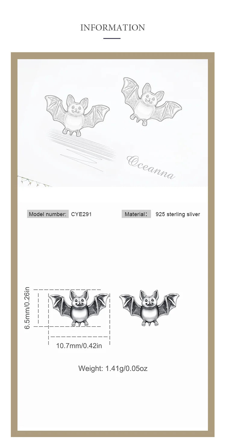 Real 925 Sterling Silver Cute Bat Stud Earrings