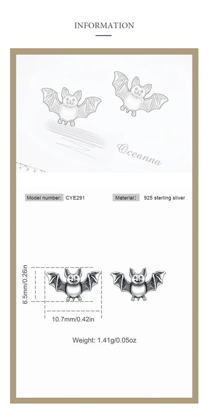 Real 925 Sterling Silver Cute Bat Stud Earrings