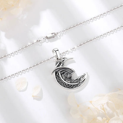 925 Sterling Silver Dragon Necklace Vintage Celtic Knot Moon Pendant