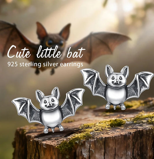 Real 925 Sterling Silver Cute Bat Stud Earrings