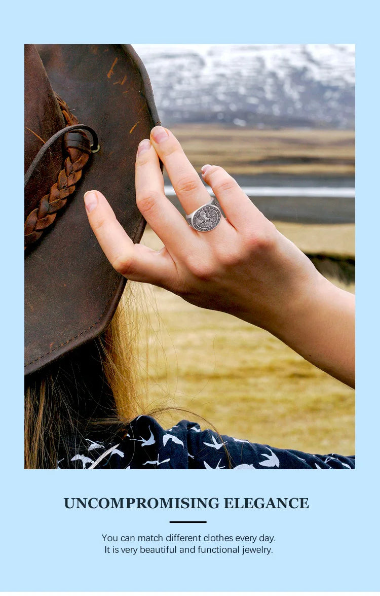 925 Sterling Silver Viking Raven Wolf Adjustable Ring