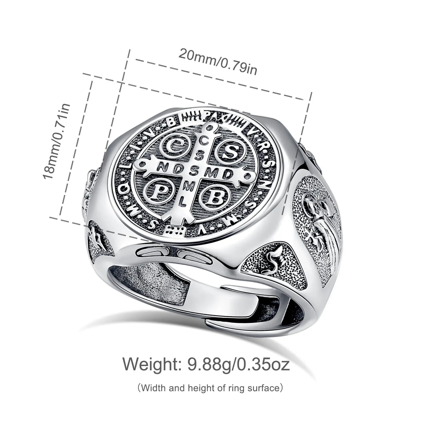 925 Sterling Silver Saint Benedict Adjustable Ring