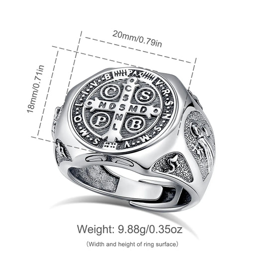 925 Sterling Silver Saint Benedict Adjustable Ring