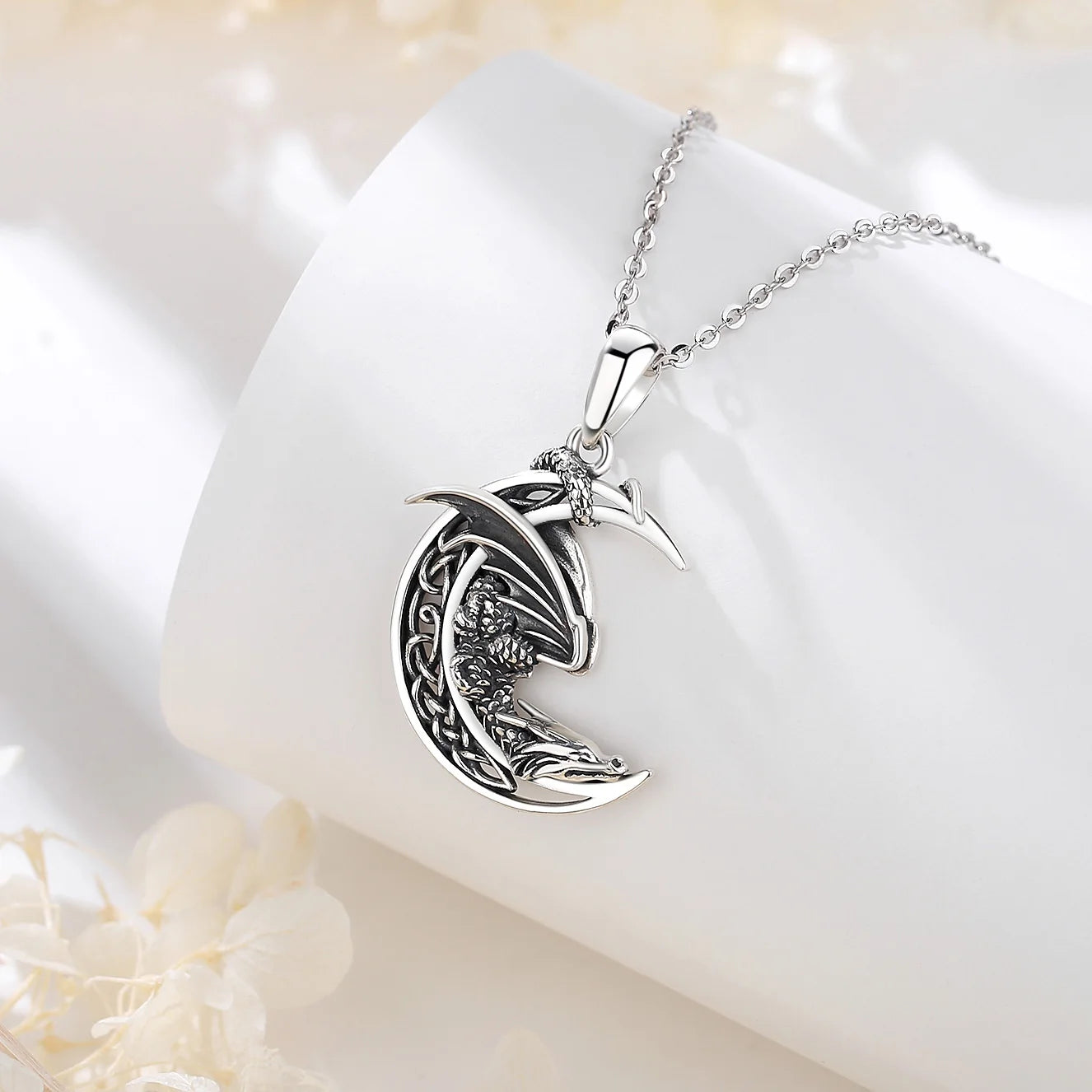925 Sterling Silver Dragon Necklace Vintage Celtic Knot Moon Pendant