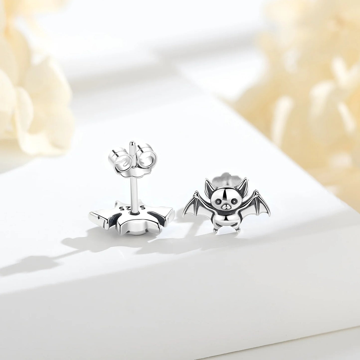 Real 925 Sterling Silver Cute Bat Stud Earrings