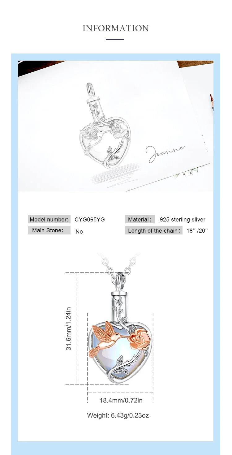 925 Sterling Silver Hummingbird Rose Ashes Urn Pendant