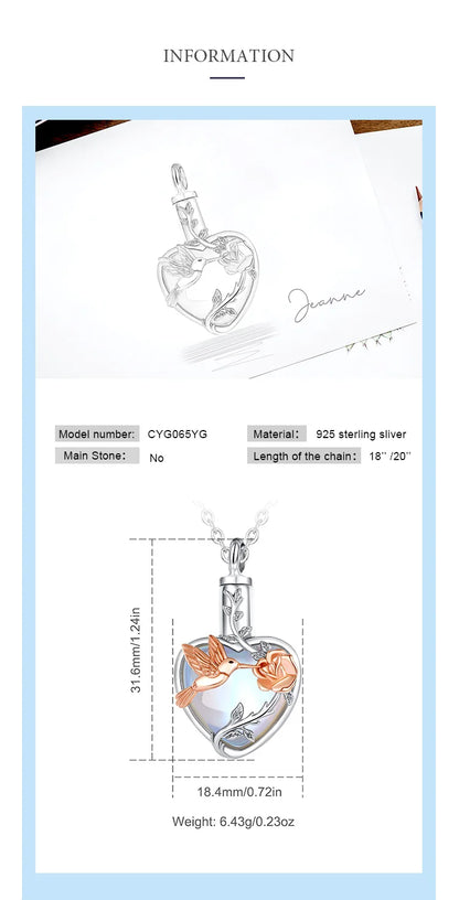 925 Sterling Silver Hummingbird Rose Ashes Urn Pendant