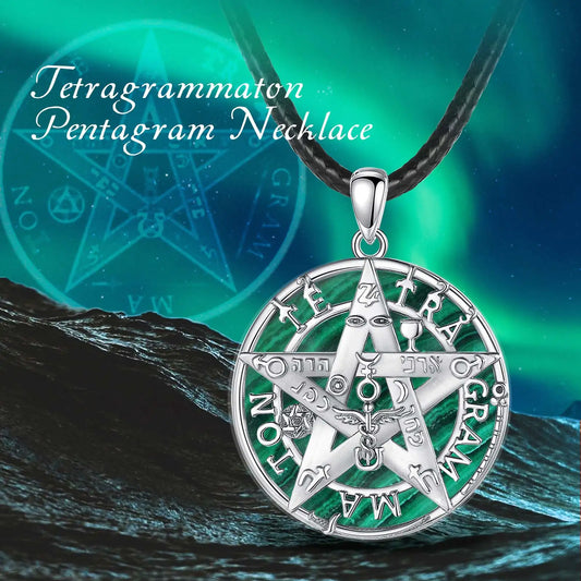 925 Sterling Silver Tetragrammaton Pentagram Necklace Color Shell Malachite Amulet Pendant