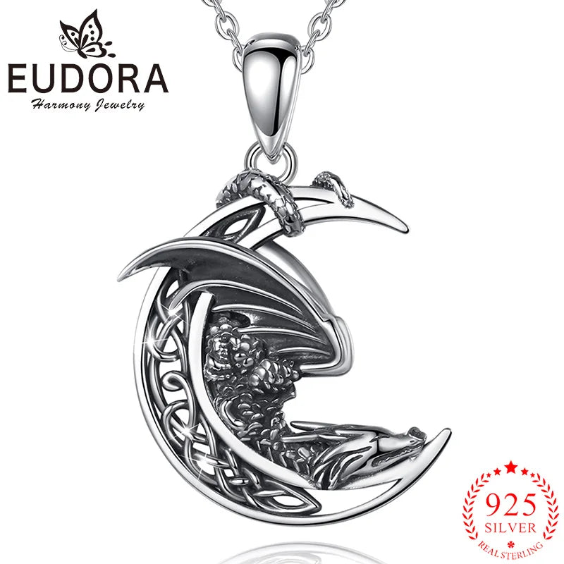 925 Sterling Silver Dragon Necklace Vintage Celtic Knot Moon Pendant