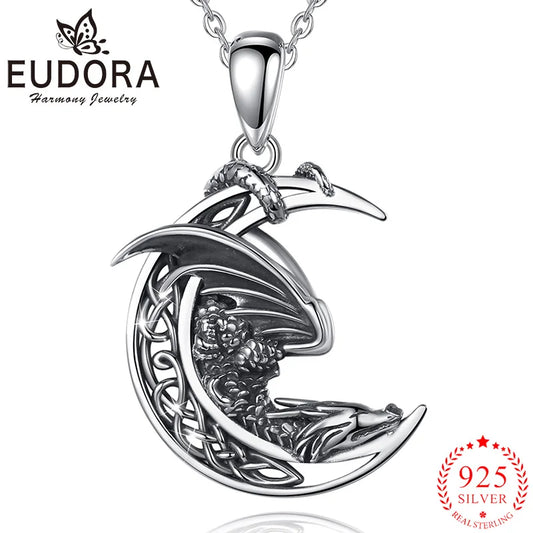 925 Sterling Silver Dragon Necklace Vintage Celtic Knot Moon Pendant