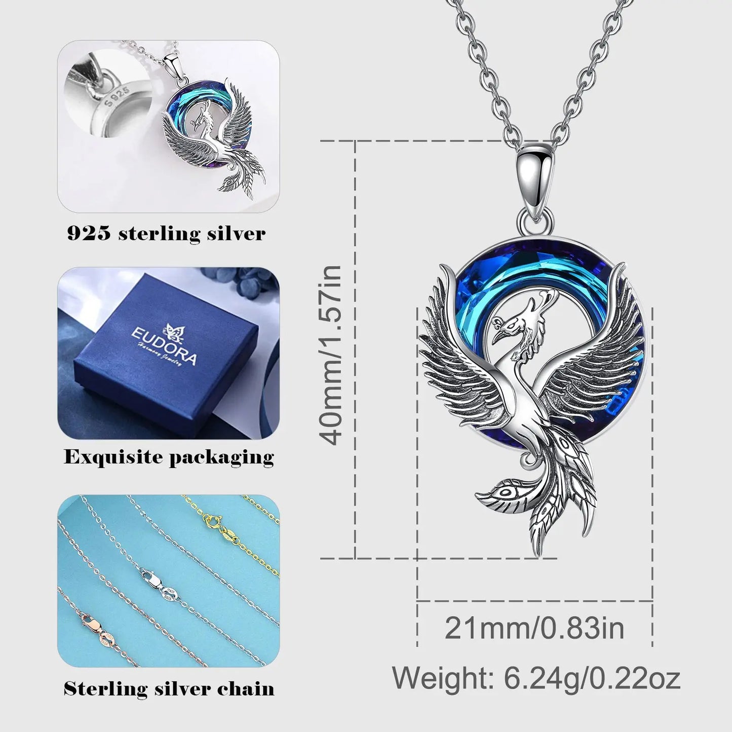 925 Sterling Silver Phoenix Neckalce Luxury Austrian Crystal
