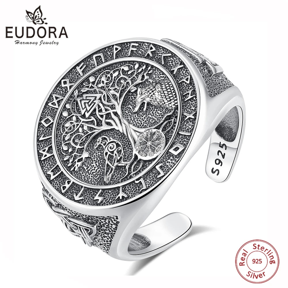 925 Sterling Silver Viking Raven Wolf Adjustable Ring
