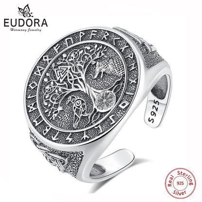 925 Sterling Silver Viking Raven Wolf Adjustable Ring