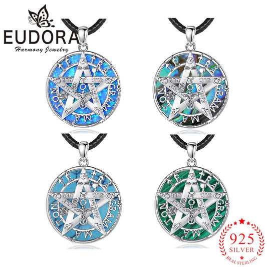 925 Sterling Silver Tetragrammaton Pentagram Necklace Color Shell Malachite Amulet Pendant