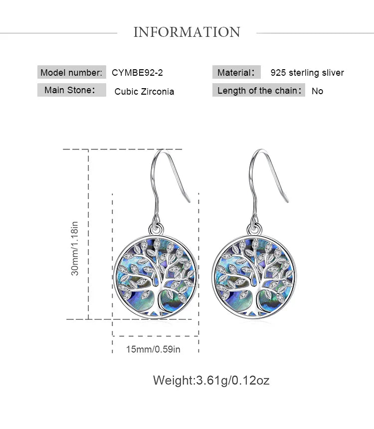 Real 925 Sterling Silver Tree of Life Earrings