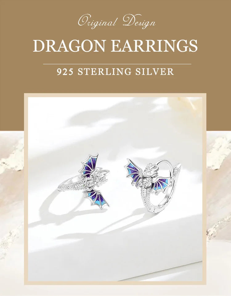 925 Sterling Silver Flying Dragon Hoop Earrings