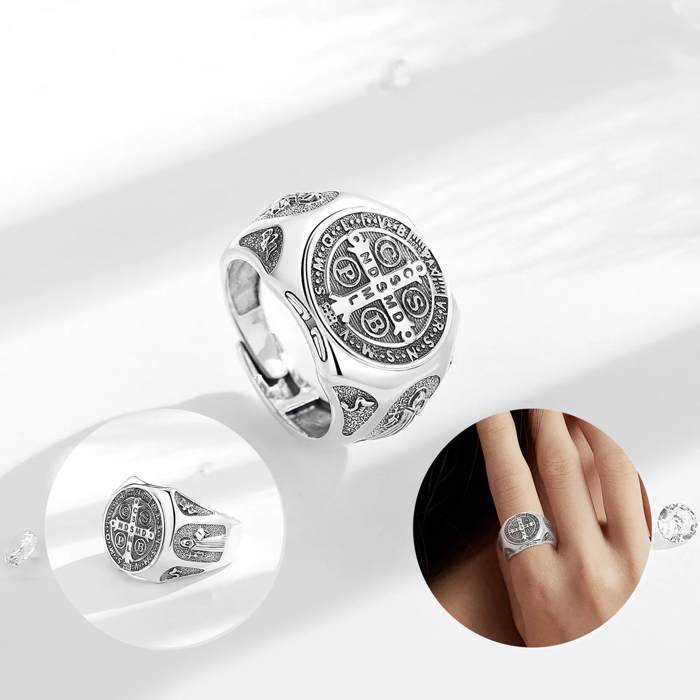 925 Sterling Silver Saint Benedict Adjustable Ring