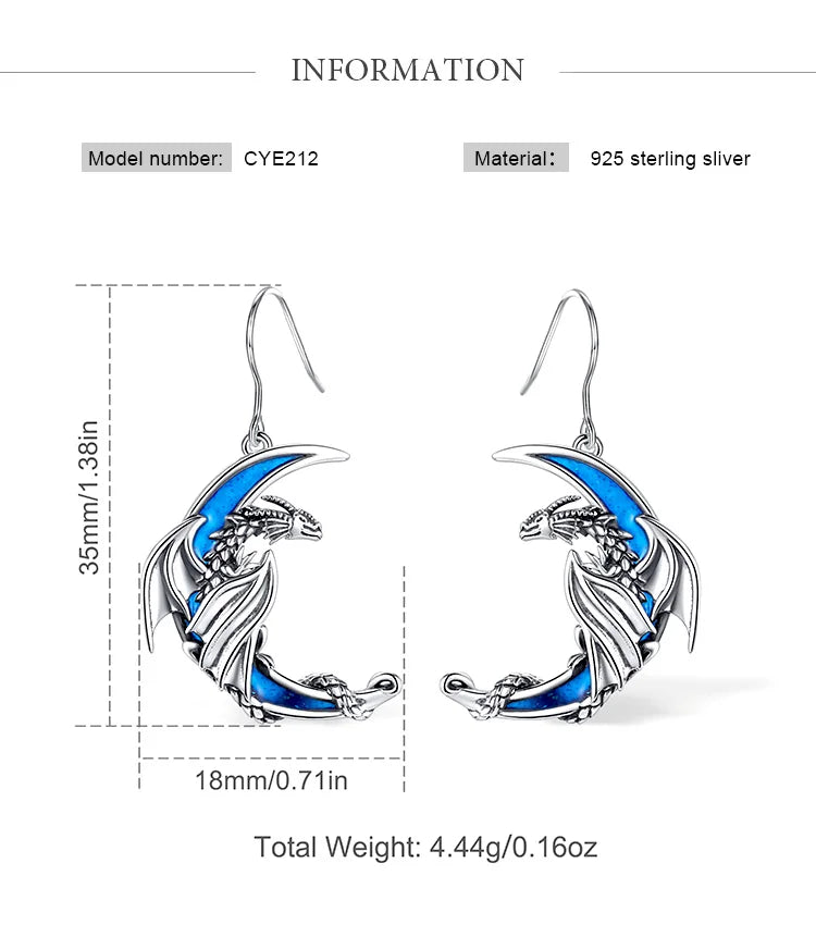 925 Sterling Silver dragon moon Earring