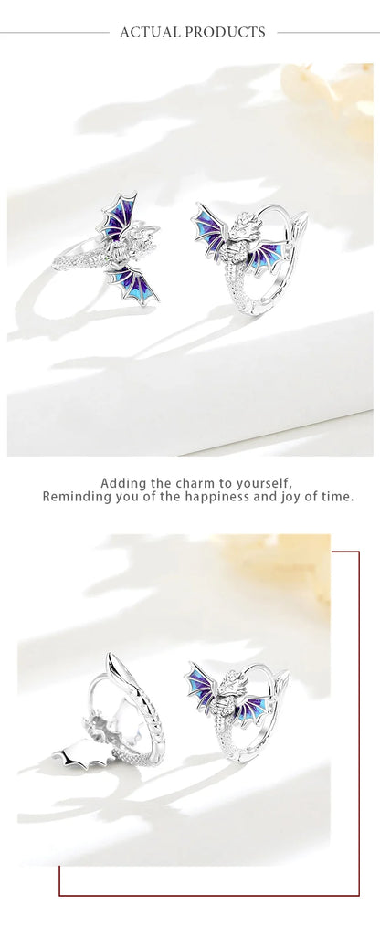 925 Sterling Silver Flying Dragon Hoop Earrings